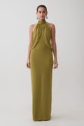 Joan Halter Neck Slinky Maxi Dress in Martini Olive – Chic&Drifts