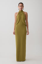 Joan Halter Neck Slinky Maxi Dress in Martini Olive – Chic&Drifts