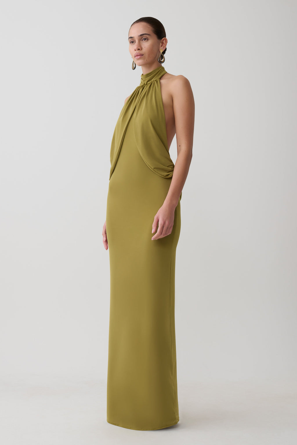 Joan Halter Neck Slinky Maxi Dress in Martini Olive – Chic&Drifts
