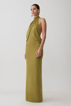 Joan Halter Neck Slinky Maxi Dress in Martini Olive – Chic&Drifts