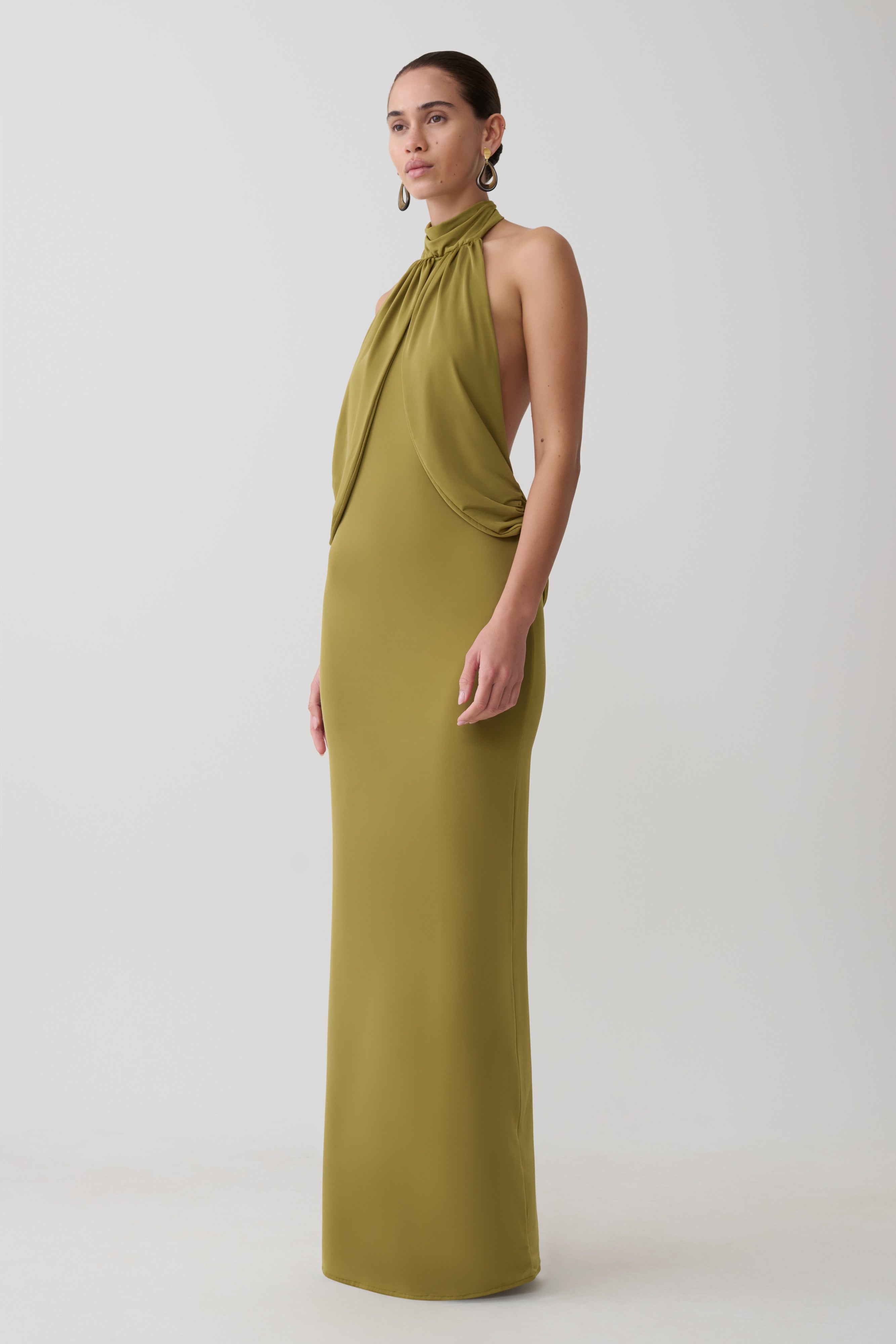 Joan Halter Neck Slinky Maxi Dress in Martini Olive – Chic&Drifts