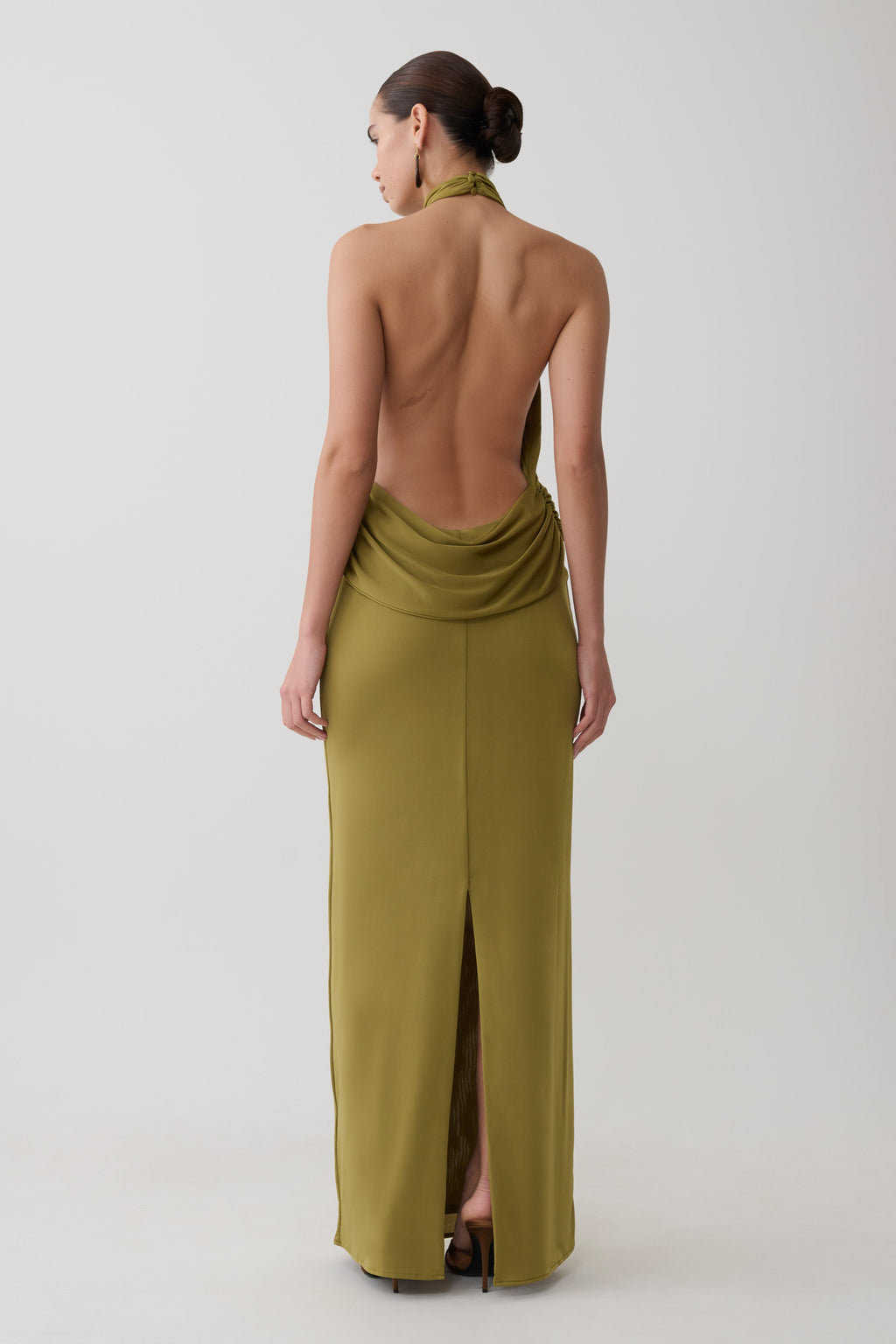 Joan Halter Neck Slinky Maxi Dress in Martini Olive – Chic&Drifts