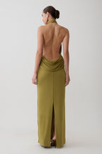 Joan Halter Neck Slinky Maxi Dress in Martini Olive – Chic&Drifts
