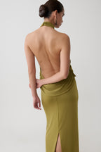 Joan Halter Neck Slinky Maxi Dress in Martini Olive – Chic&Drifts