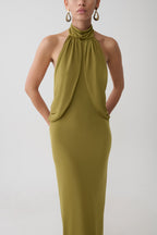 Joan Halter Neck Slinky Maxi Dress in Martini Olive – Chic&Drifts