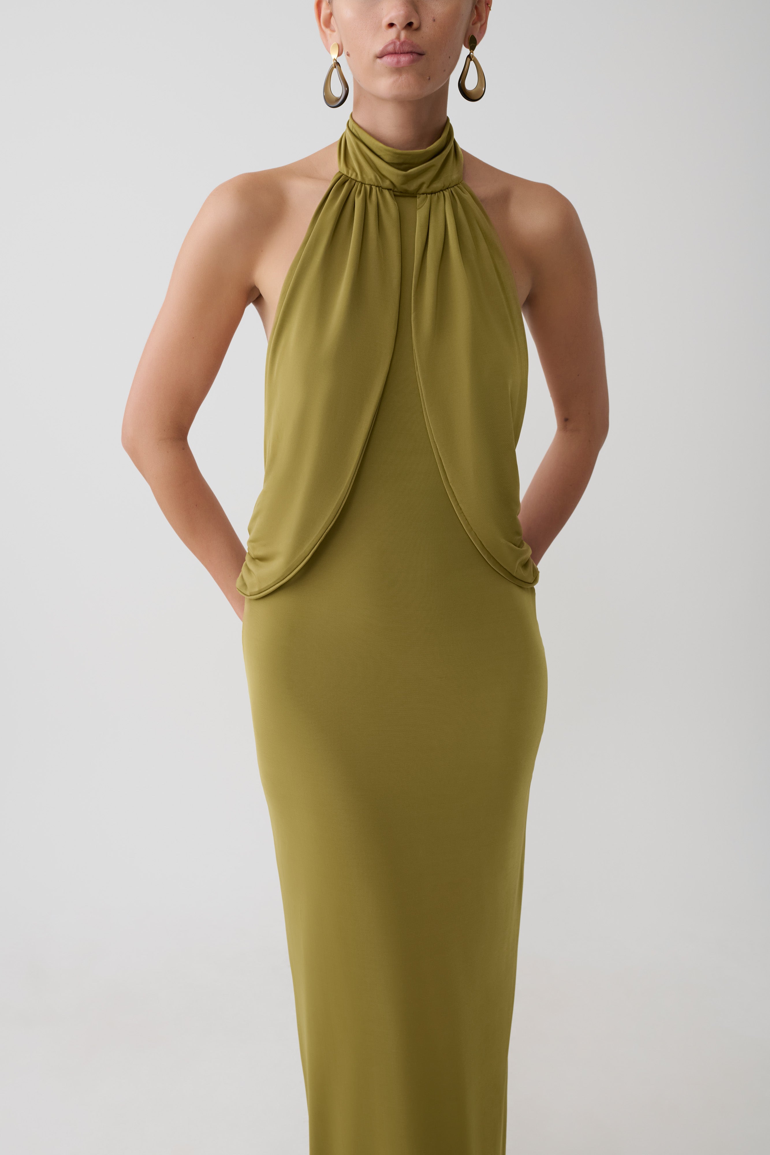 Joan Halter Neck Slinky Maxi Dress in Martini Olive – Chic&Drifts