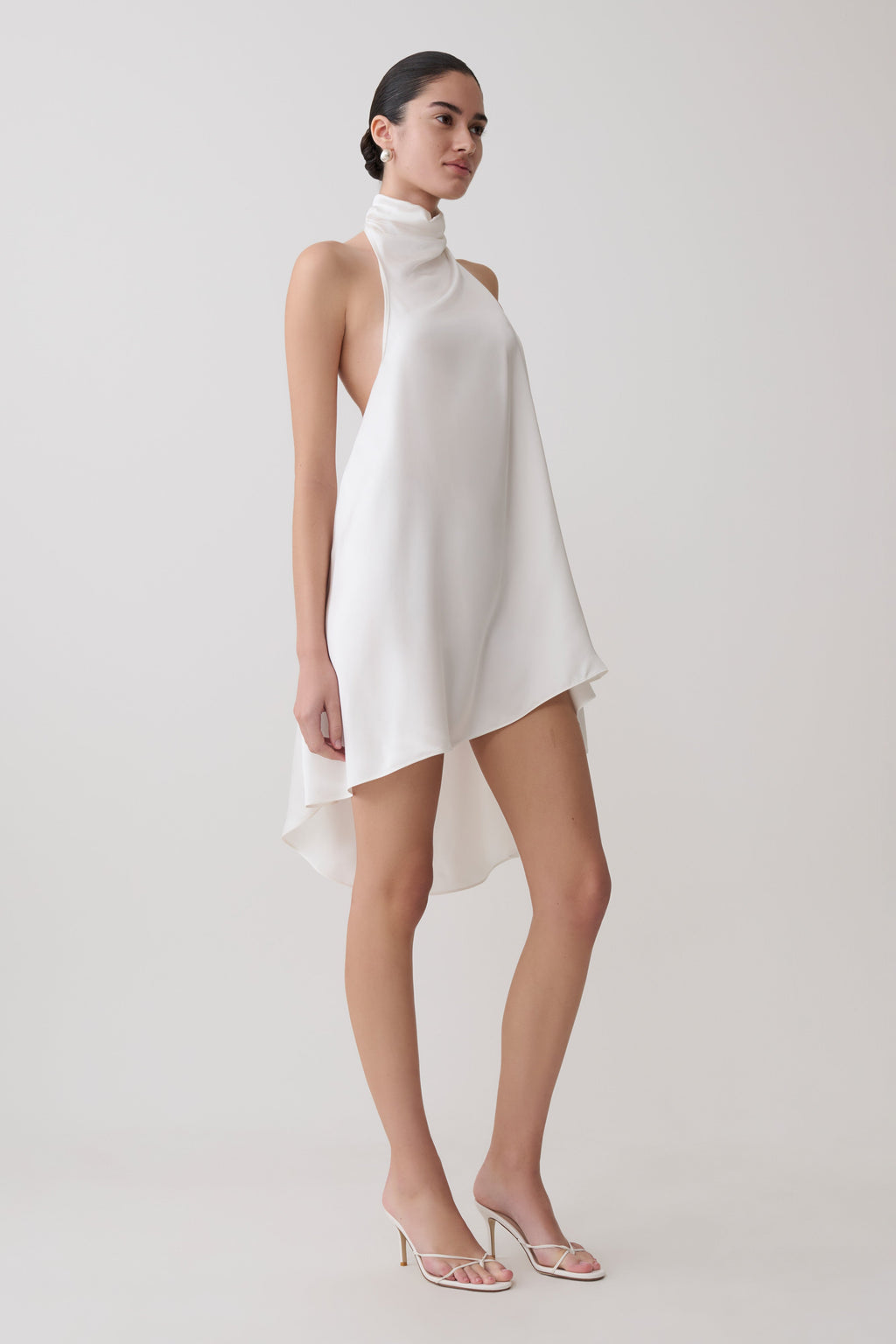 Sydney Asymmetrical Satin Halter Mini Dress in Ivory – Chic&Drifts