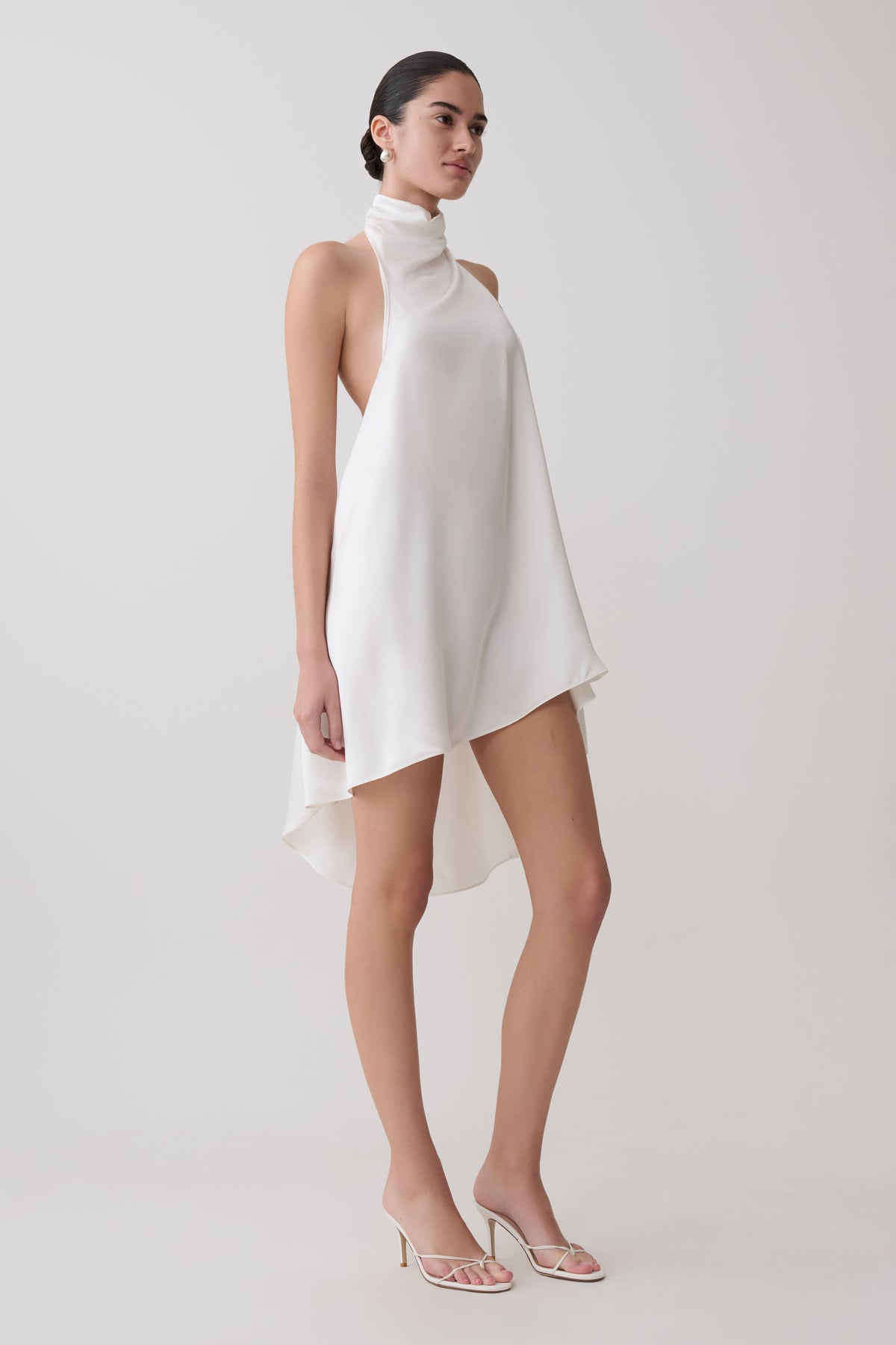 Sydney Asymmetrical Satin Halter Mini Dress in Ivory – Chic&Drifts