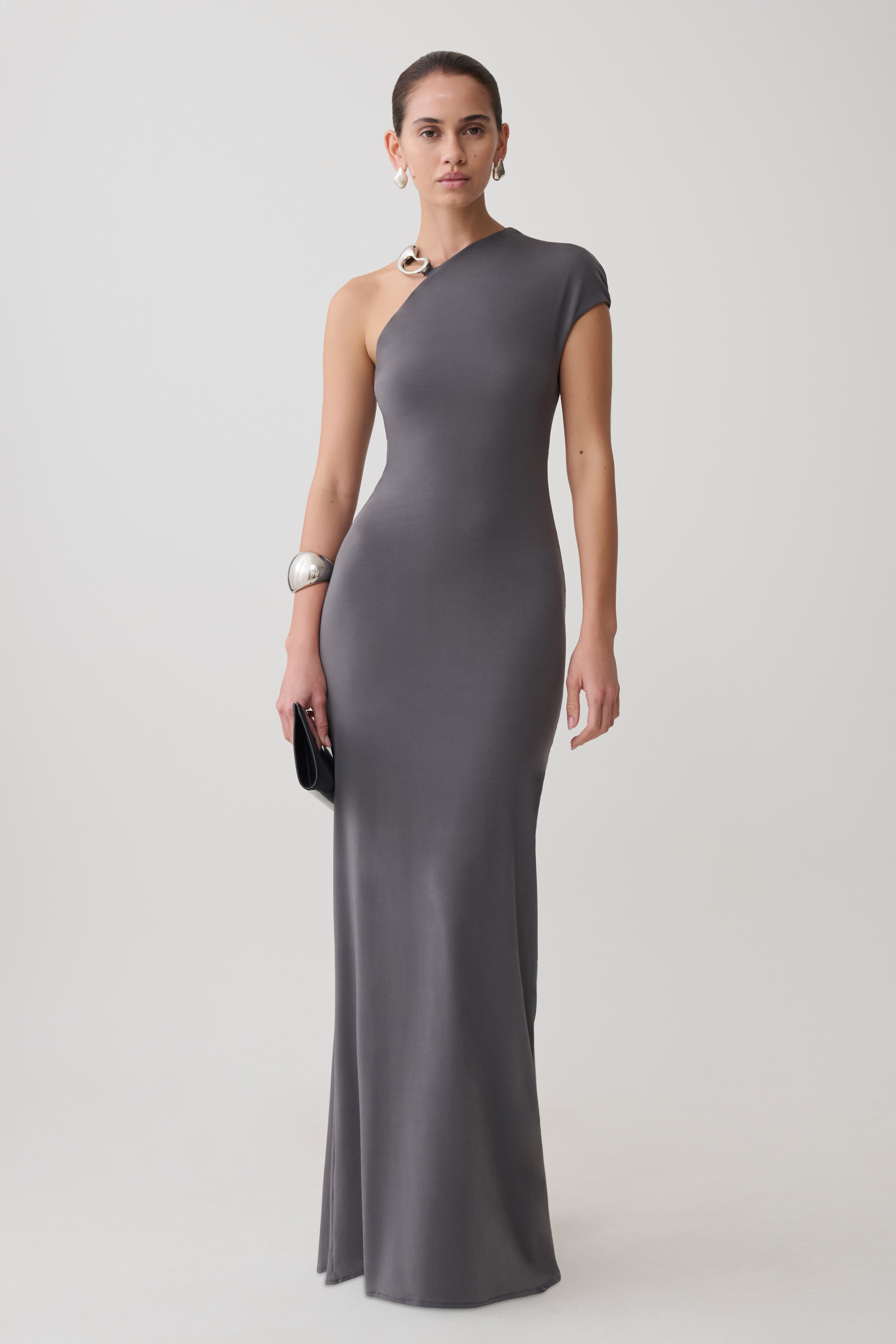 Oden Slinky Maxi Dress With Hardware in Grey – Chic&Drifts