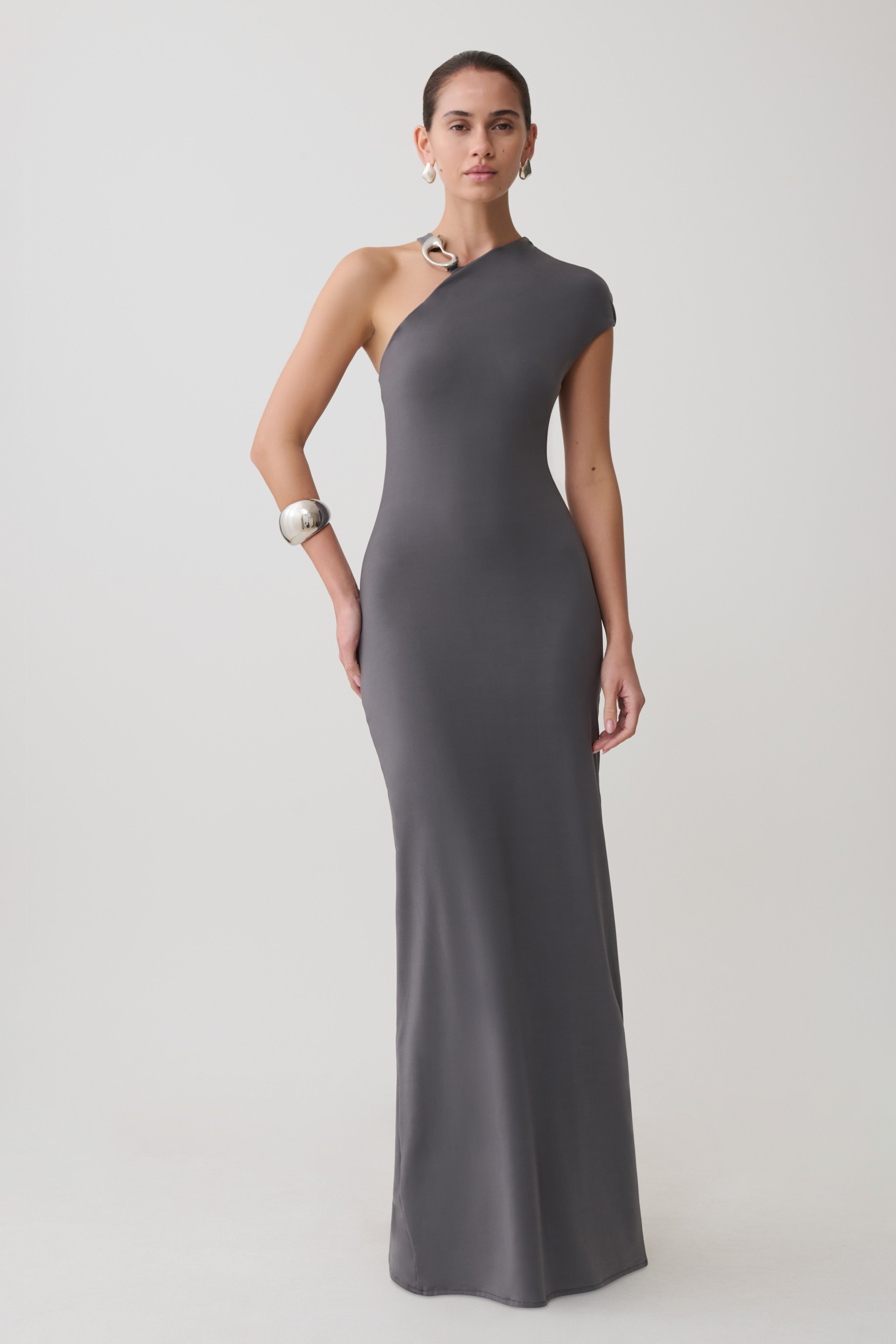 Oden Slinky Maxi Dress With Hardware in Grey – Chic&Drifts