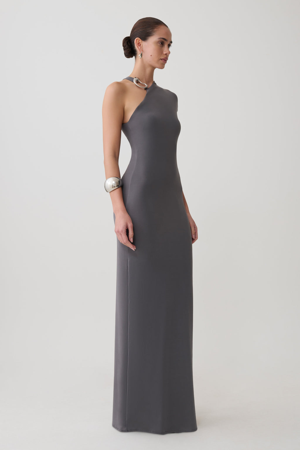 Oden Slinky Maxi Dress With Hardware in Grey – Chic&Drifts