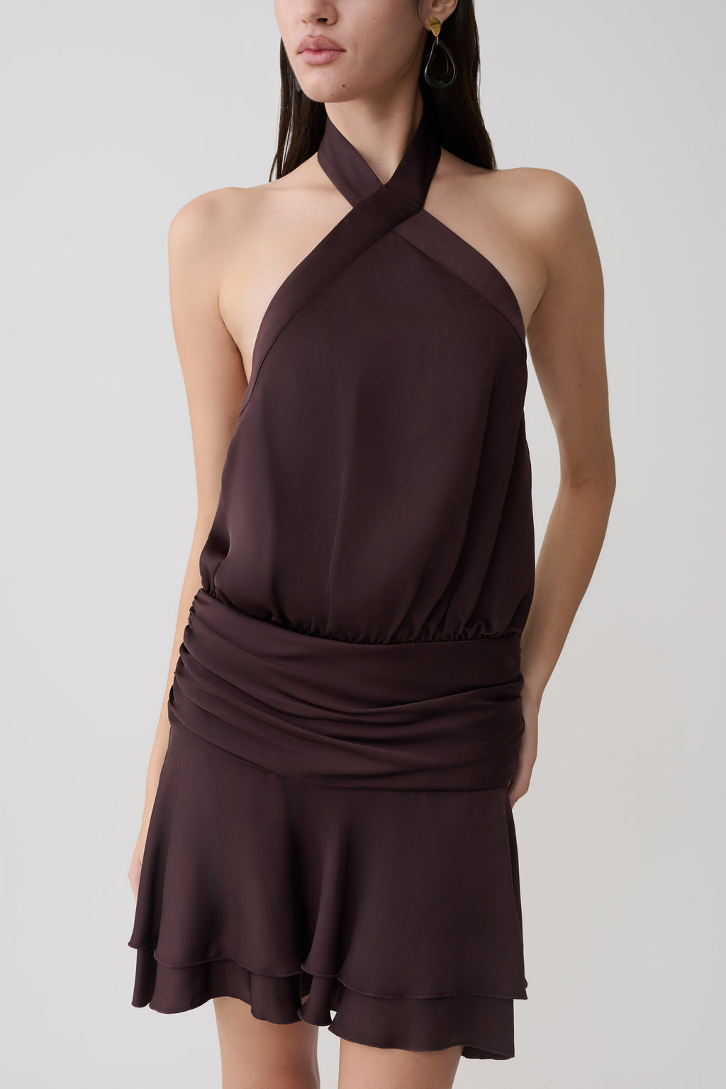 Poppy Satin Halter Mini Dress in Chocolate – Chic&Drifts