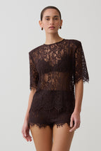 Harlyn Shoulder Pad Short Sleeve Lace Top in Dark Chocolate – Chic&Drifts