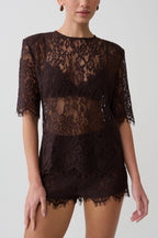 Harlyn Shoulder Pad Short Sleeve Lace Top in Dark Chocolate – Chic&Drifts