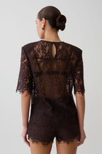 Harlyn Shoulder Pad Short Sleeve Lace Top in Dark Chocolate – Chic&Drifts