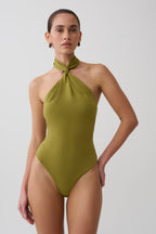 Bambi Twisted Neck Dry Jersey Bodysuit in Martini Olive – Chic&Drifts