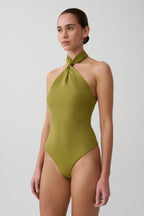 Bambi Twisted Neck Dry Jersey Bodysuit in Martini Olive – Chic&Drifts