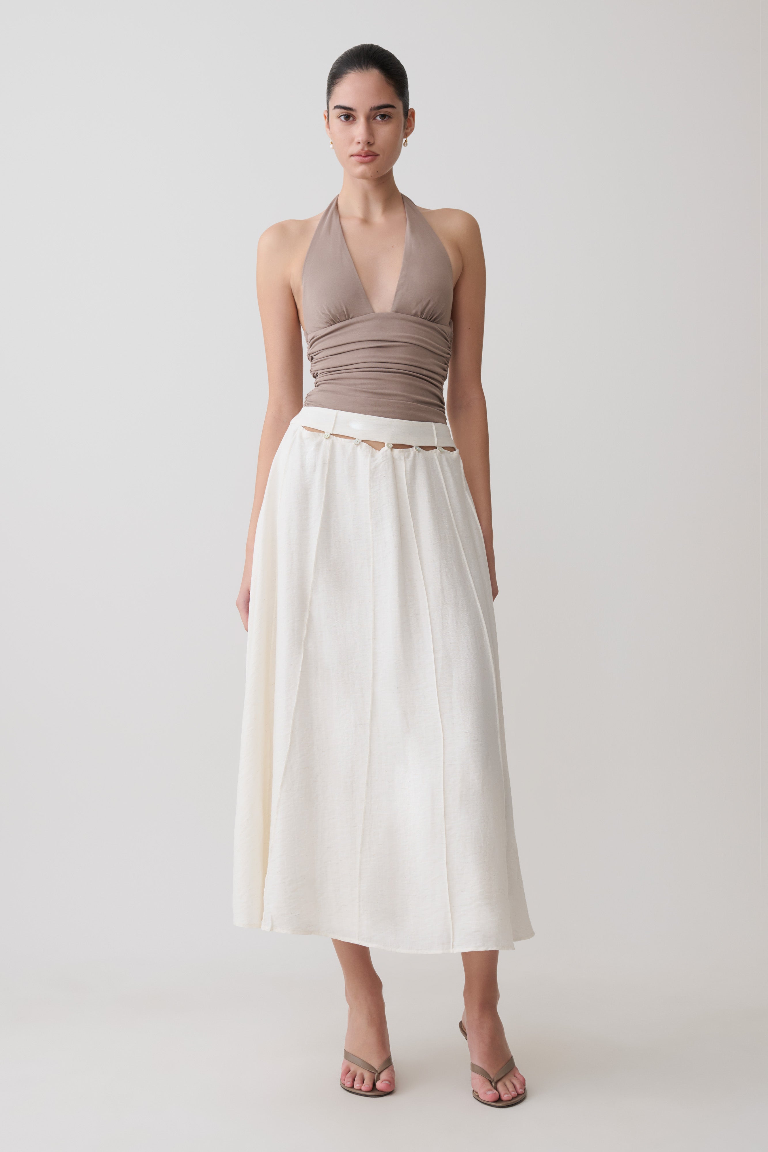 Claire Pearl Button Midi Skirt in White – Chic&Drifts