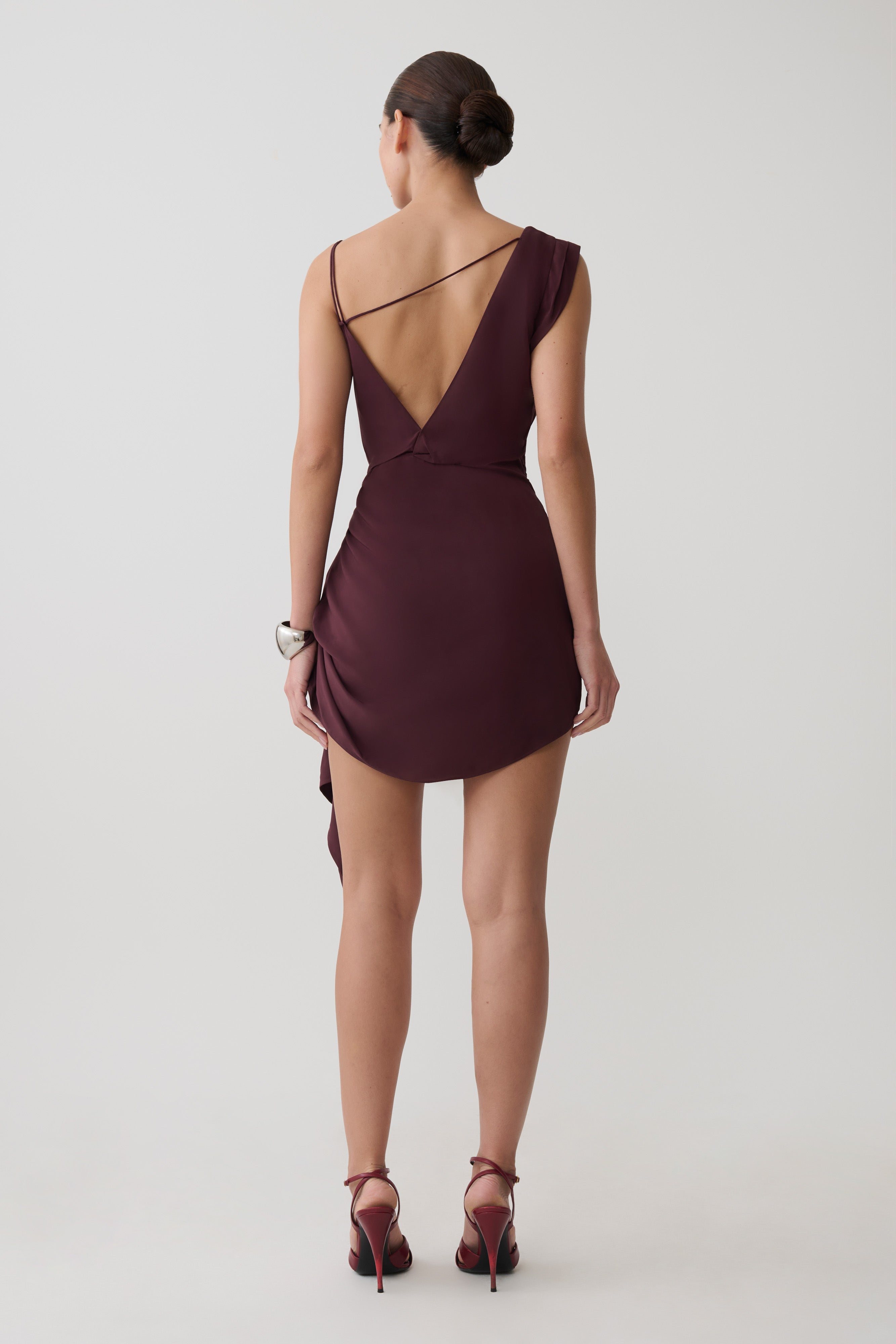 Lucile Cowl Drape Satin Mini Dress in Plum – Chic&Drifts