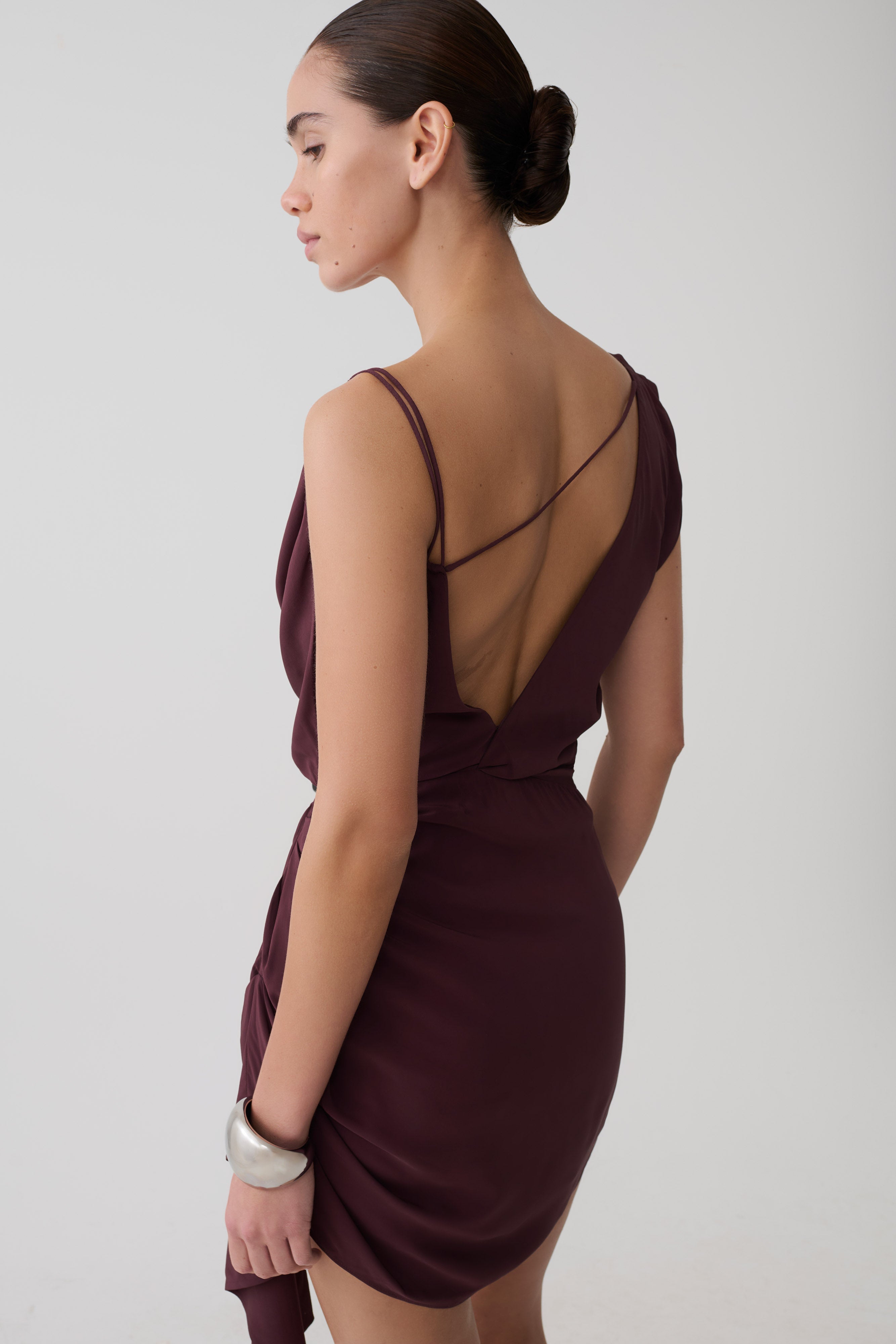 Lucile Cowl Drape Satin Mini Dress in Plum – Chic&Drifts