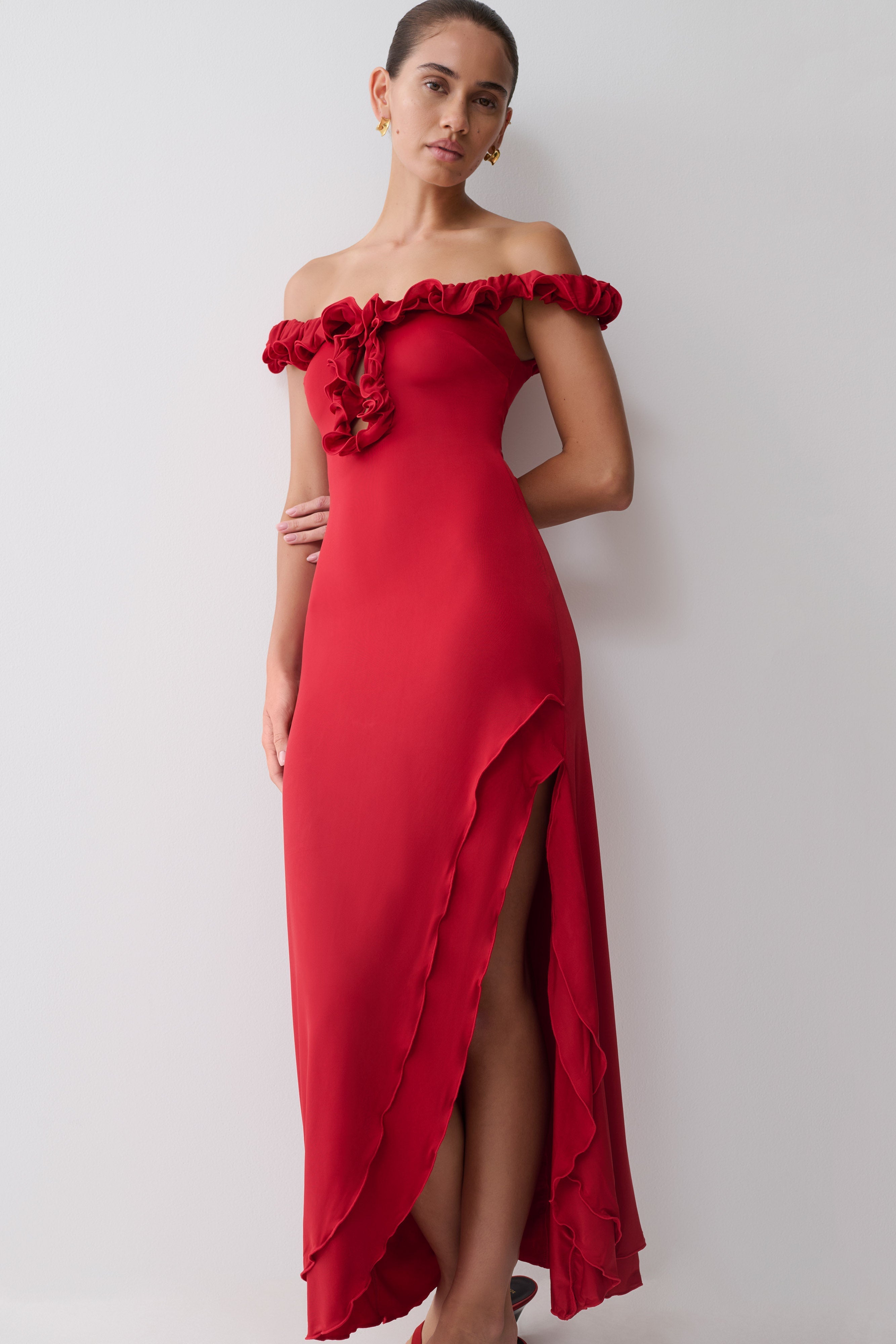 Allegra Off Shoulder Ruffle Midi Dress