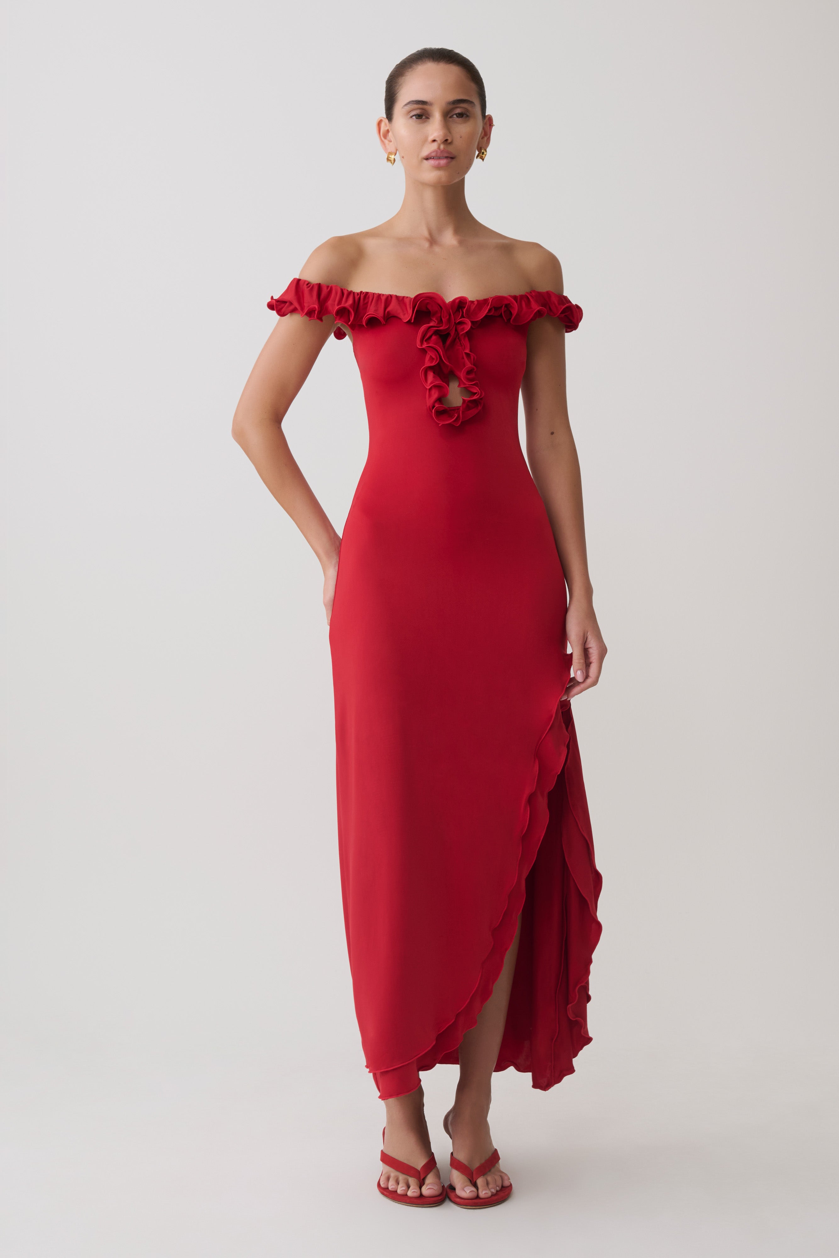 Allegra Off Shoulder Ruffle Midi Dress