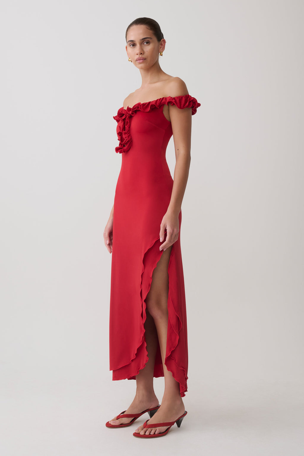 Allegra Off Shoulder Ruffle Midi Dress