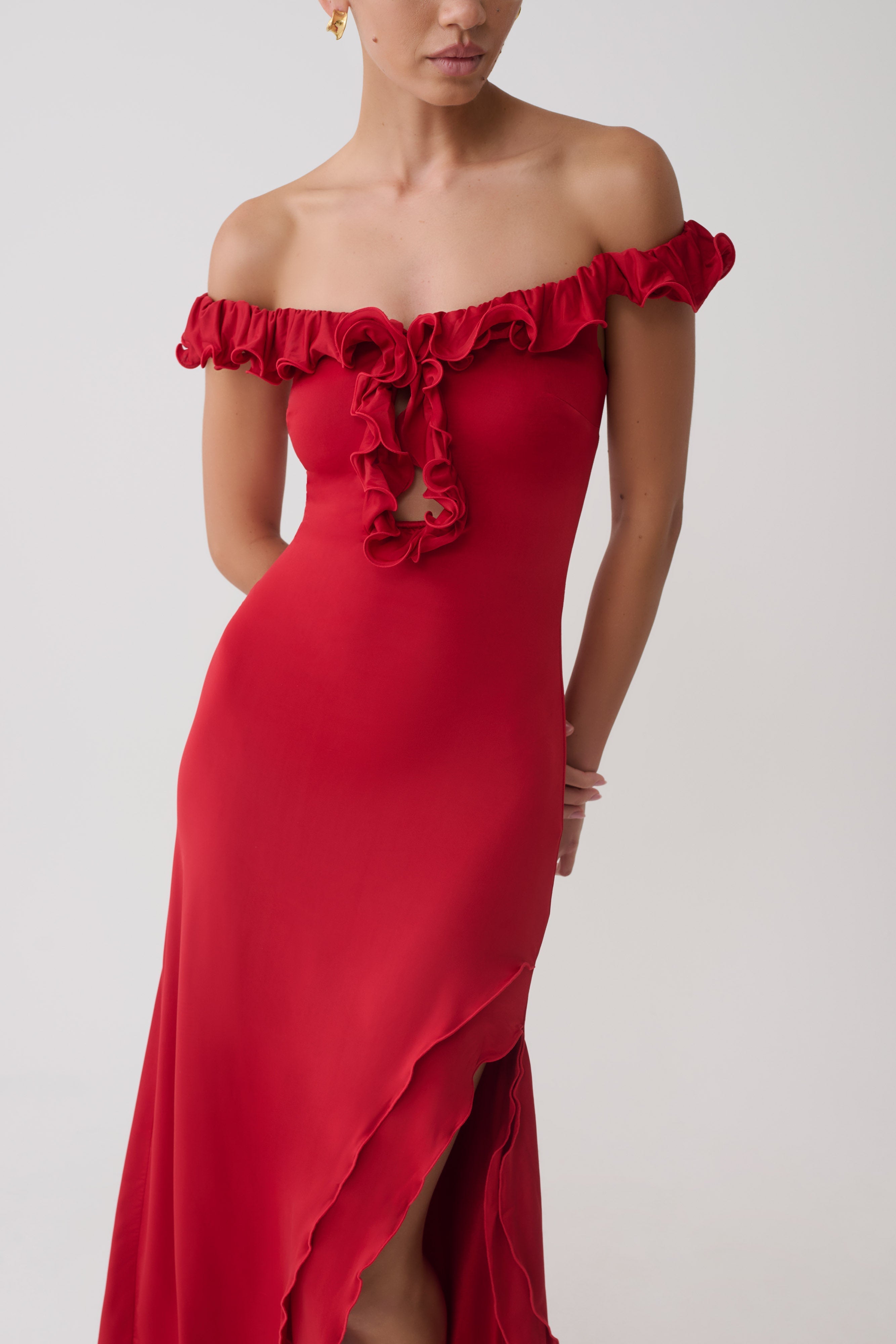 Allegra Off Shoulder Ruffle Midi Dress