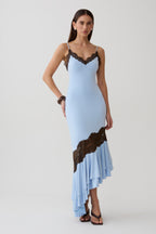 Annis Frilled Hem Lace Midi Dress in Cornflower/Chocolate – Chic&Drifts