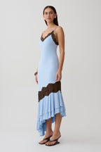 Annis Frilled Hem Lace Midi Dress in Cornflower/Chocolate – Chic&Drifts