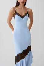 Annis Frilled Hem Lace Midi Dress in Cornflower/Chocolate – Chic&Drifts