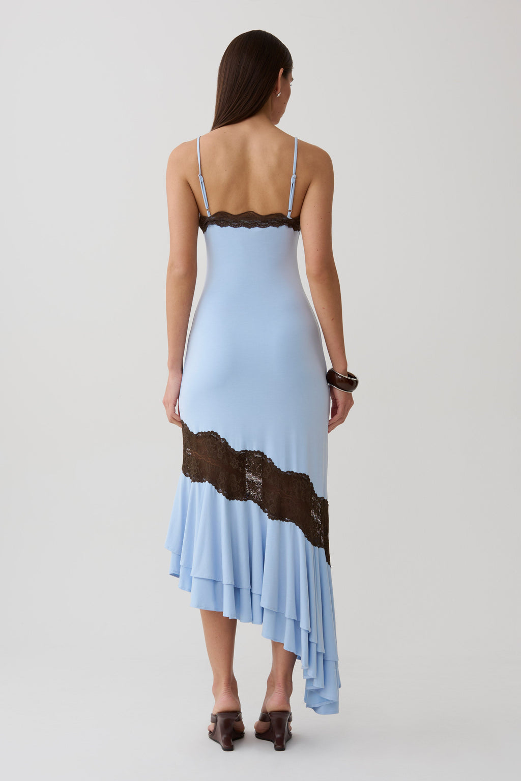 Annis Frilled Hem Lace Midi Dress in Cornflower/Chocolate – Chic&Drifts