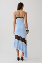 Annis Frilled Hem Lace Midi Dress in Cornflower/Chocolate – Chic&Drifts
