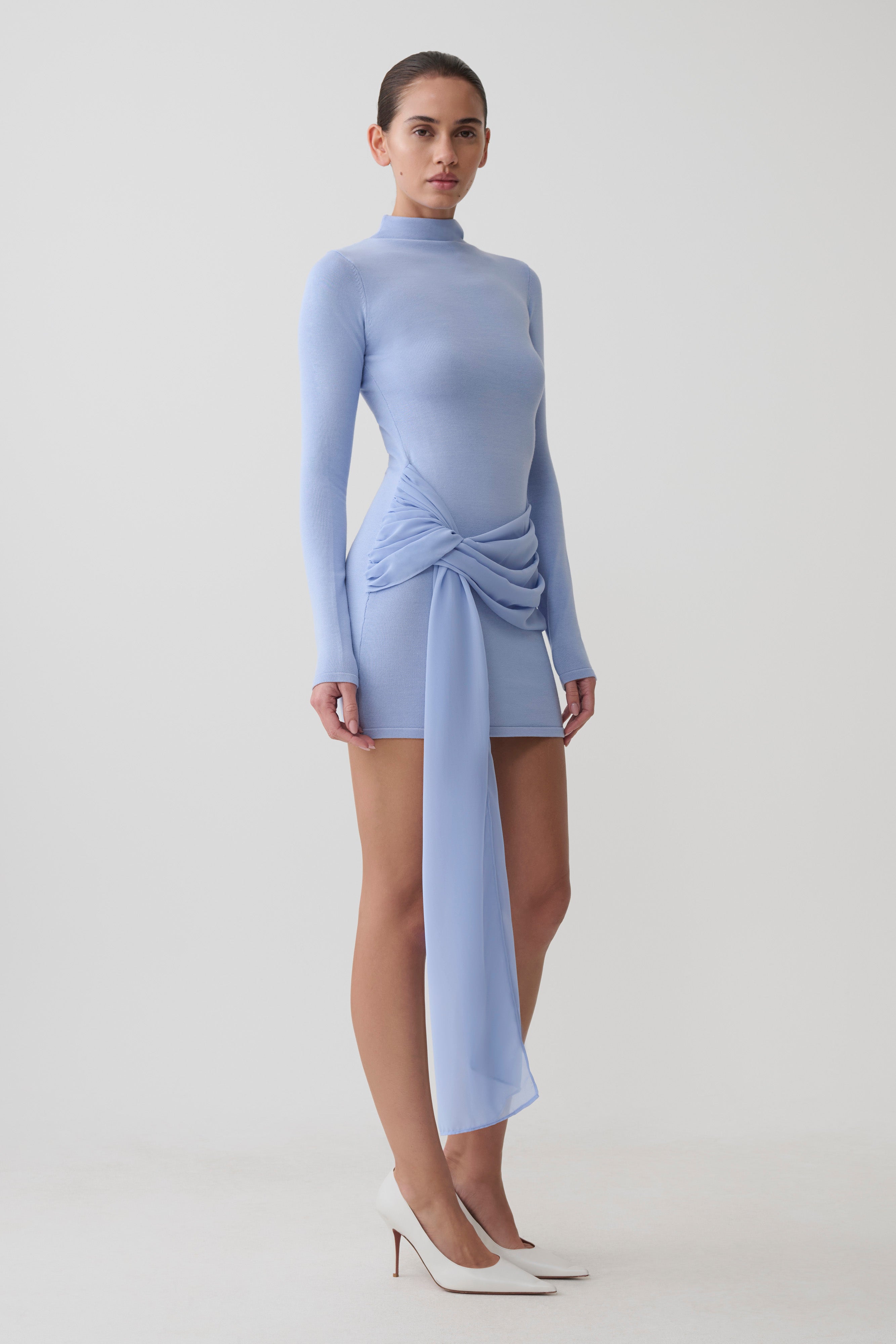 Grayson Knit Chiffon Mini Dress in Cornflower Blue – Chic&Drifts