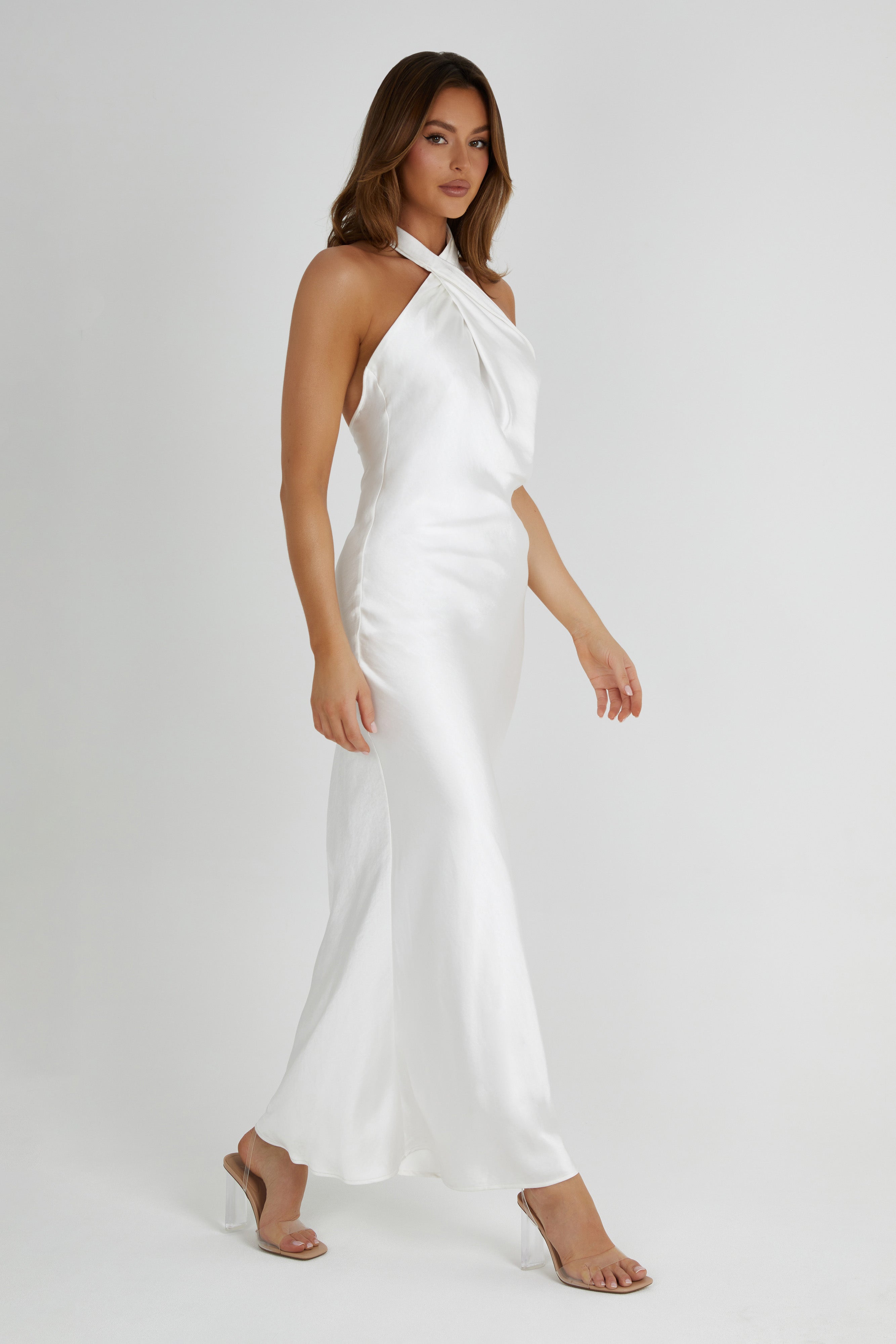 Laura Halter Satin Gown in White – Chic&Drifts