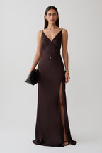 Maddison V Neck Satin Maxi Dress in Dark Chocolate – Chic&Drifts