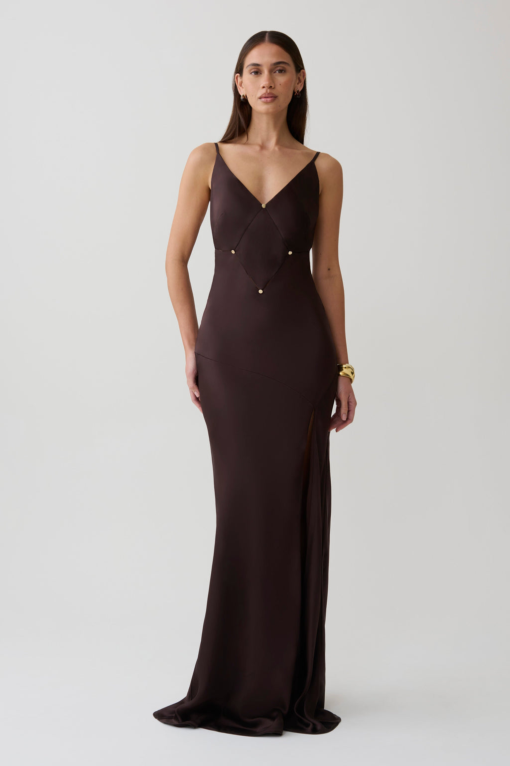 Maddison V Neck Satin Maxi Dress in Dark Chocolate – Chic&Drifts