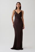 Maddison V Neck Satin Maxi Dress in Dark Chocolate – Chic&Drifts