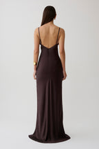 Maddison V Neck Satin Maxi Dress in Dark Chocolate – Chic&Drifts
