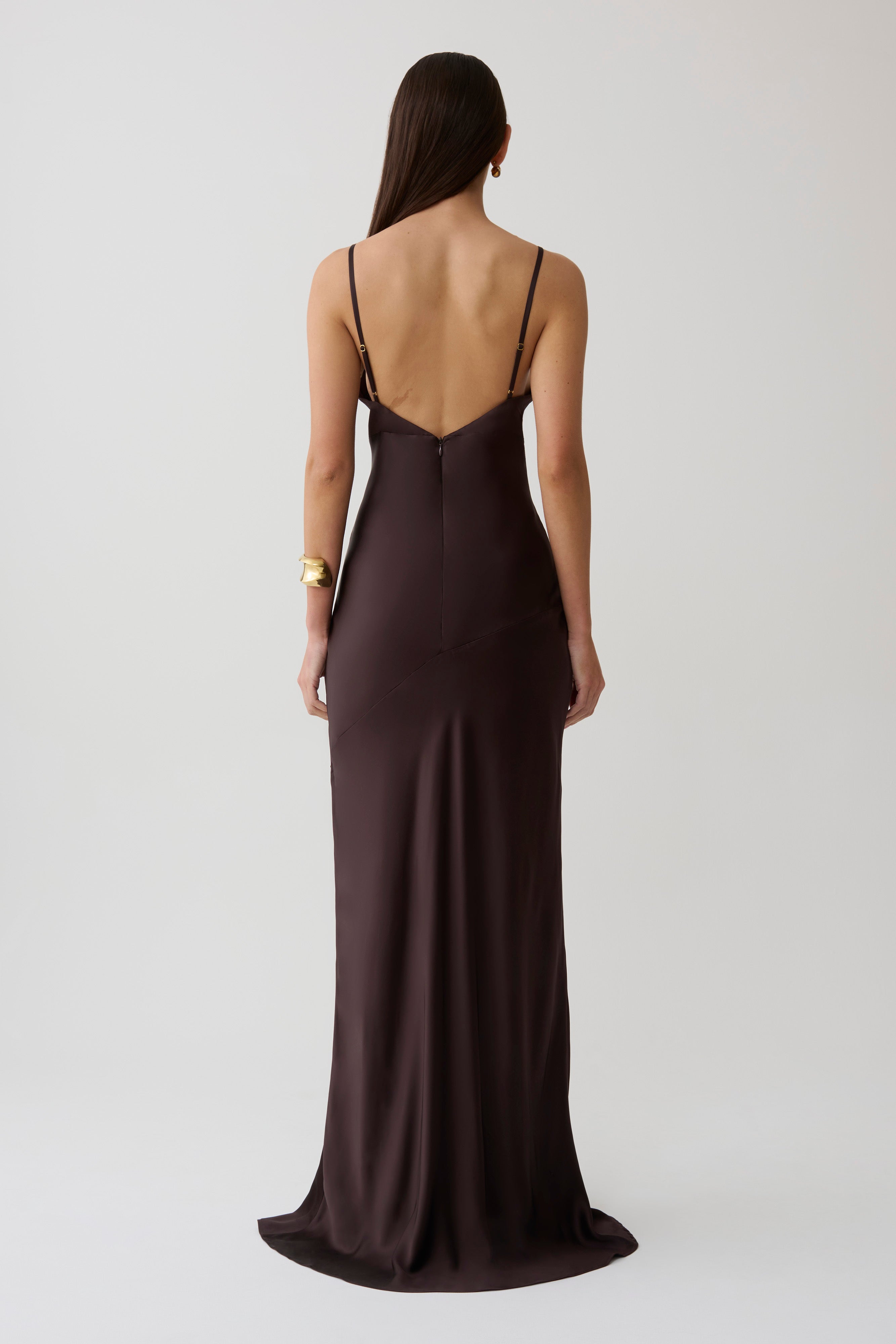 Maddison V Neck Satin Maxi Dress in Dark Chocolate – Chic&Drifts