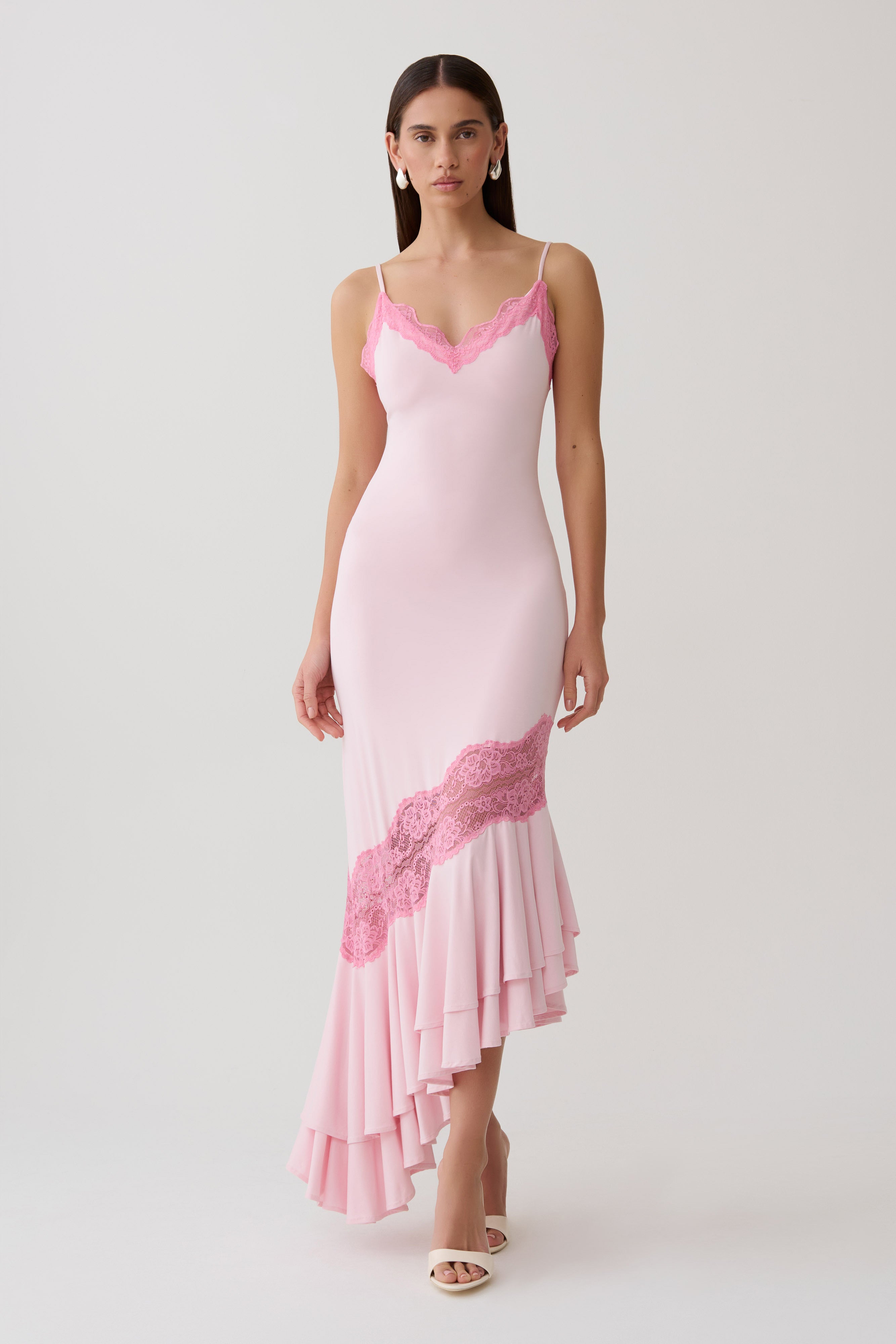 Annis Frilled Hem Lace Midi Dress in Pink – Chic&Drifts