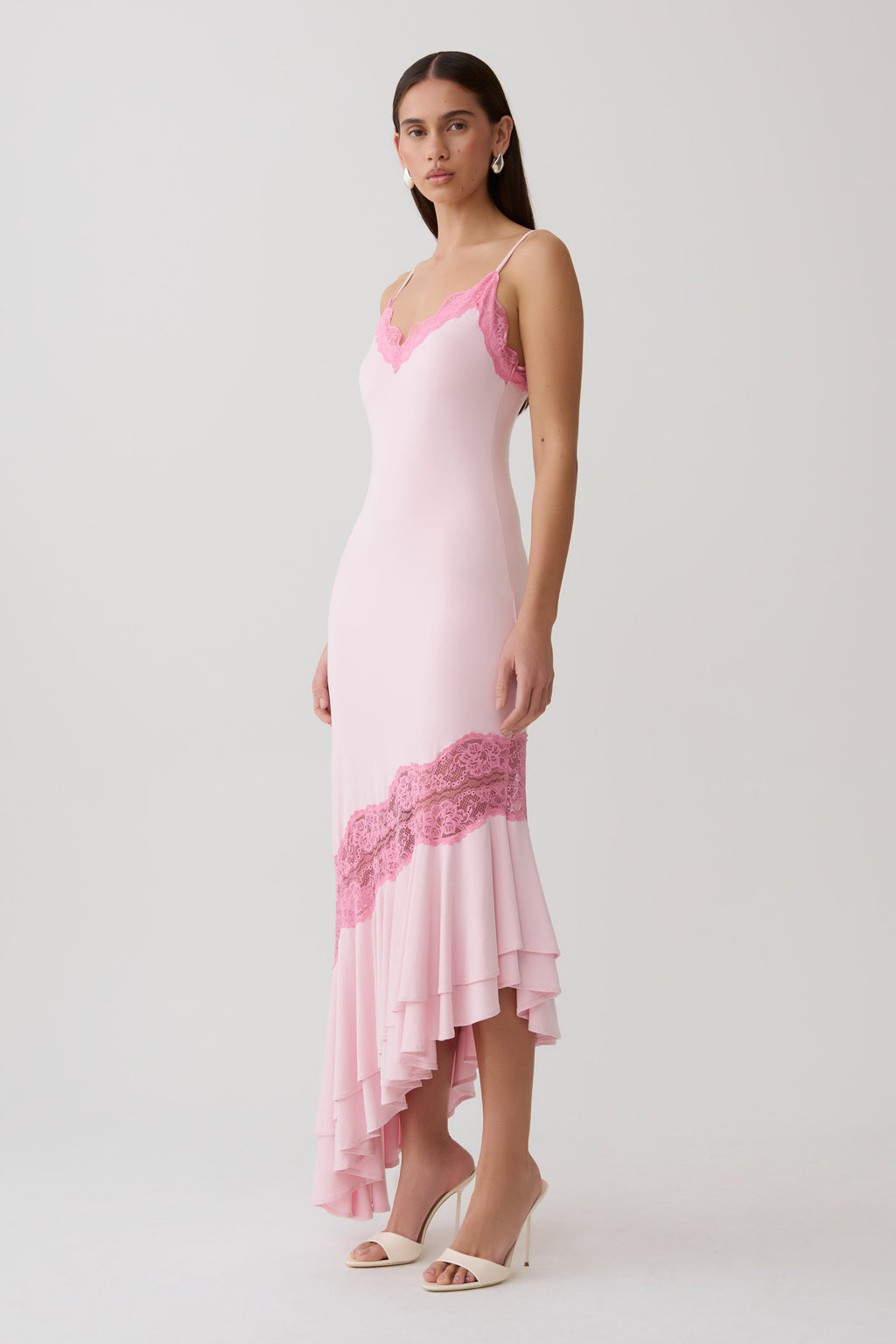 Annis Frilled Hem Lace Midi Dress in Pink – Chic&Drifts