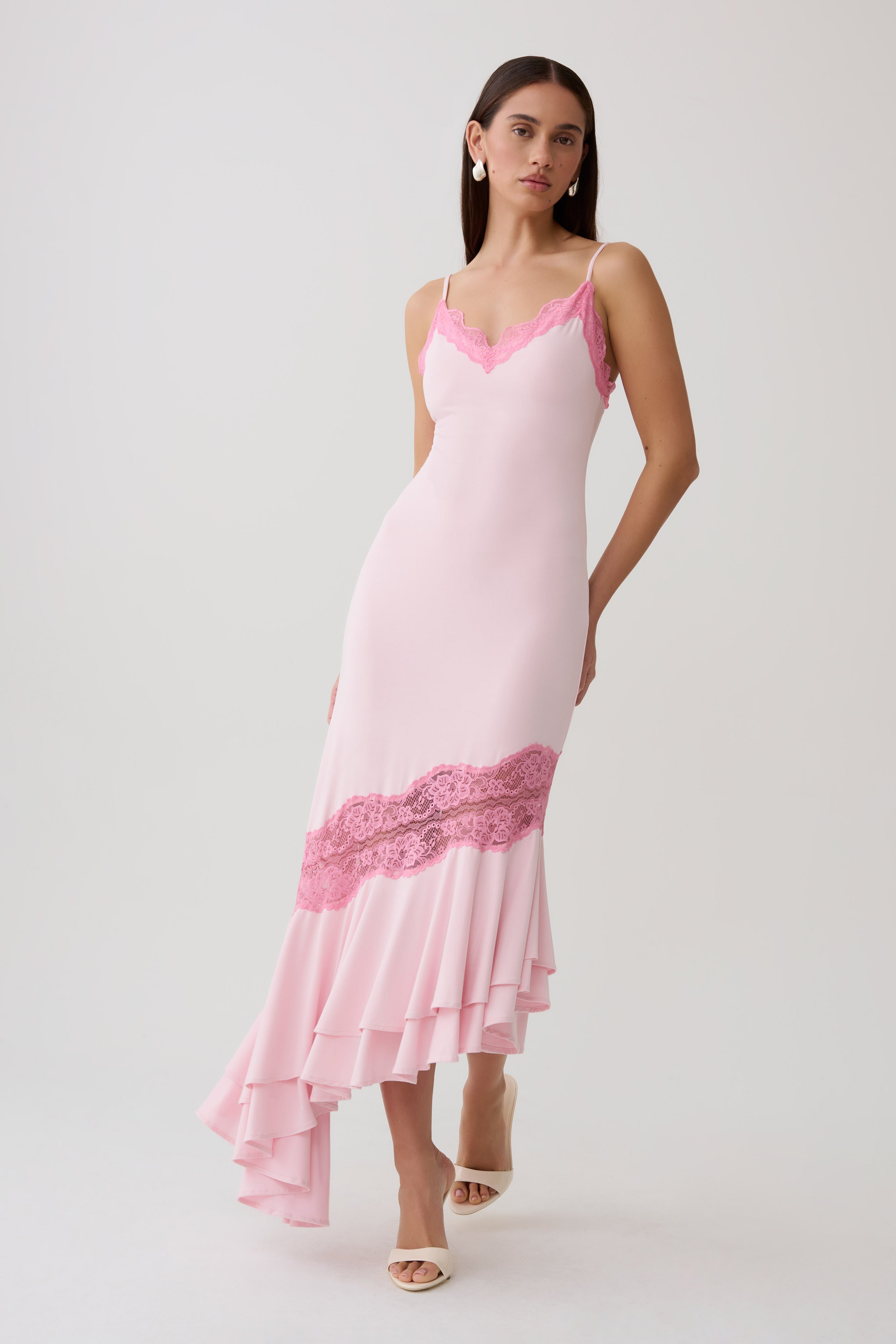 Annis Frilled Hem Lace Midi Dress in Pink – Chic&Drifts