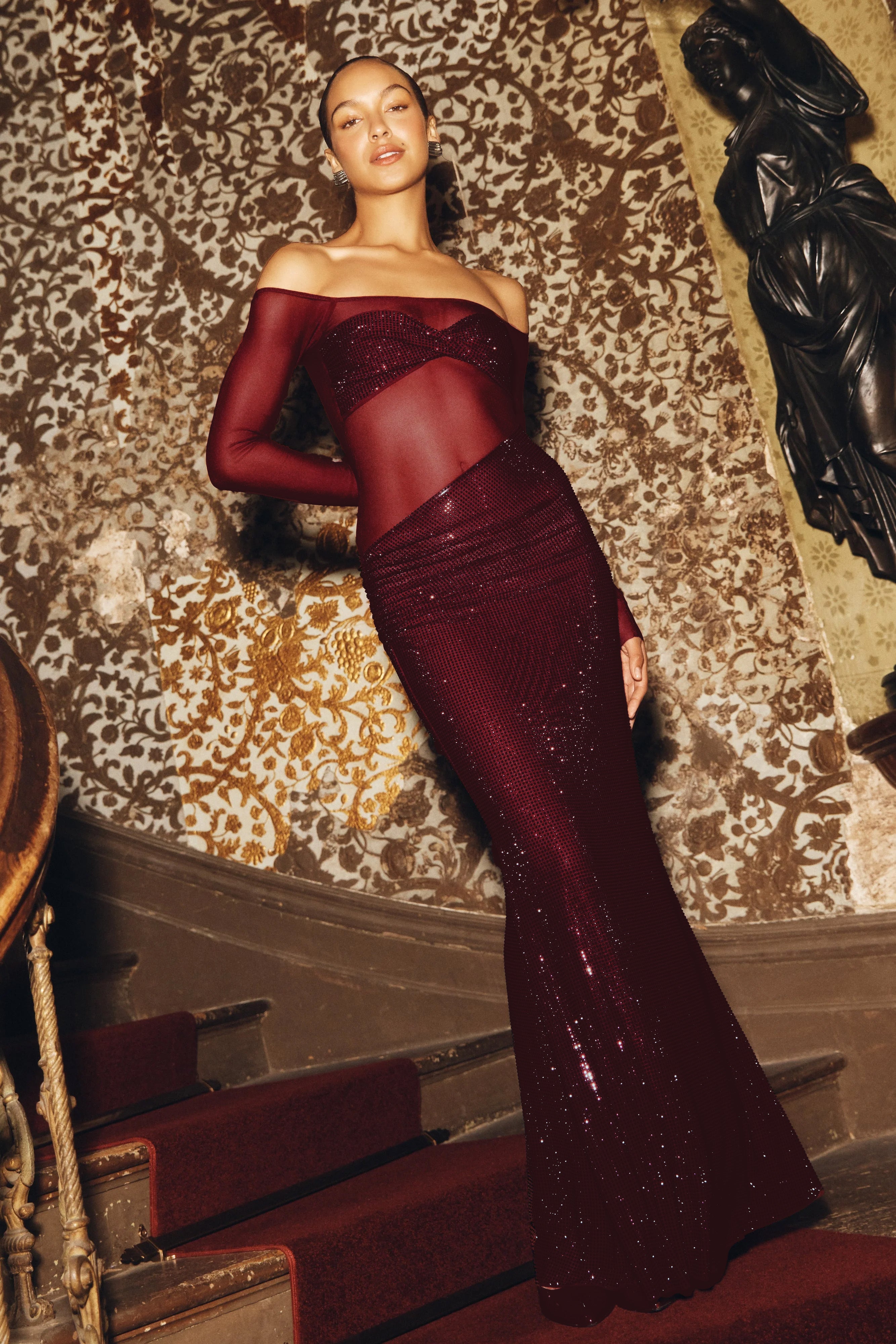Nash Diamante Off Shoulder Maxi Dress in Mahogany – Chic&Drifts