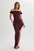 Arielle Off Shoulder Ruffle Midi Dress in Plum – Chic&Drifts