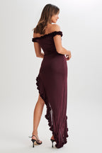 Arielle Off Shoulder Ruffle Midi Dress in Plum – Chic&Drifts