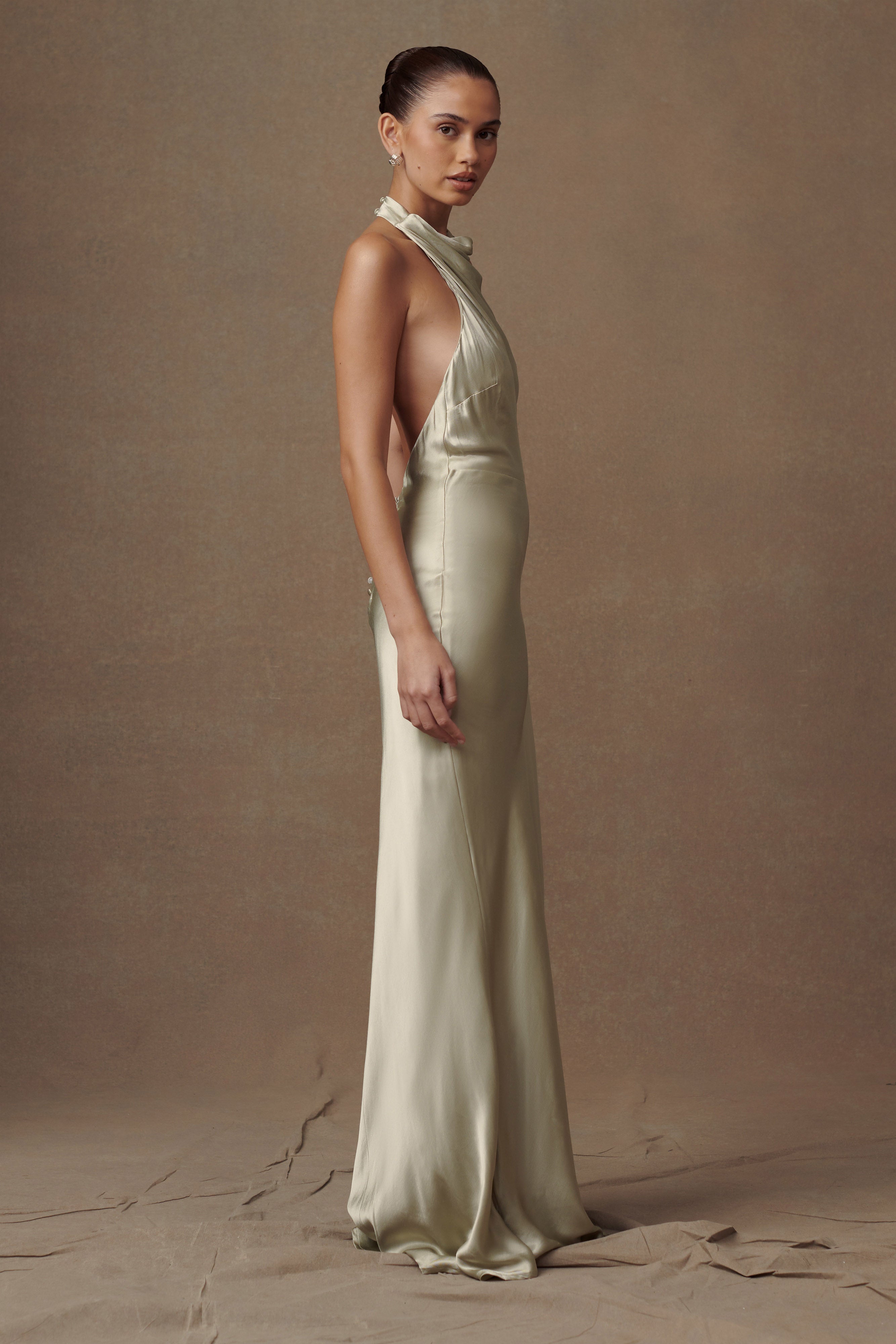 Esther Iridescent Satin Cowl Maxi Dress in Sage – Chic&Drifts