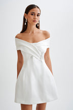 Evita Satin Off Shoulder Mini Dress in White – Chic&Drifts
