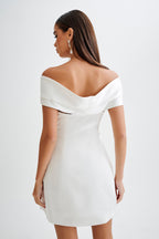 Evita Satin Off Shoulder Mini Dress in White – Chic&Drifts