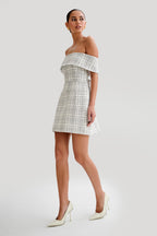 Helena Tweed Off Shoulder Mini Dress in White Check – Chic&Drifts